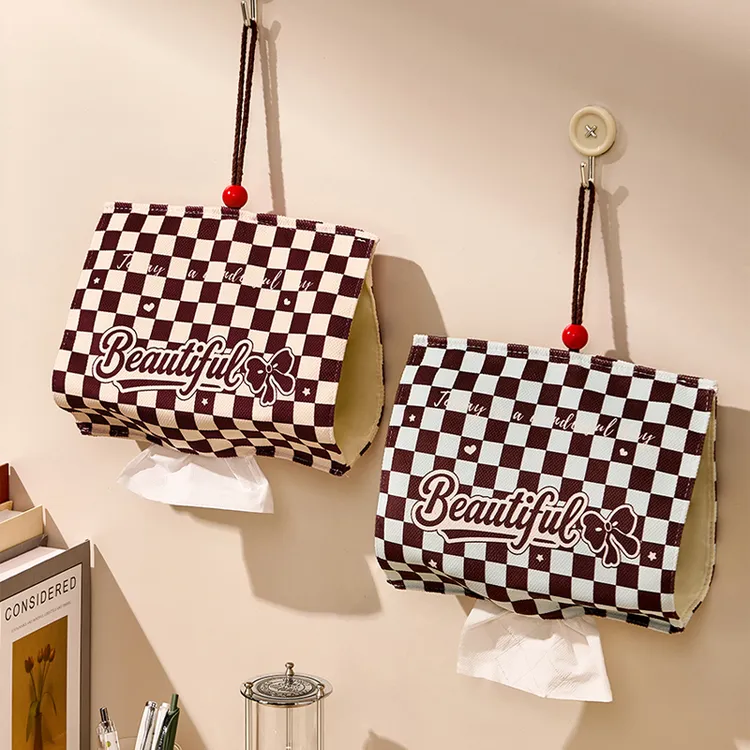 新款棋盘格布艺纸巾袋便携抽纸袋家用壁挂式车载纸巾盒套高级感