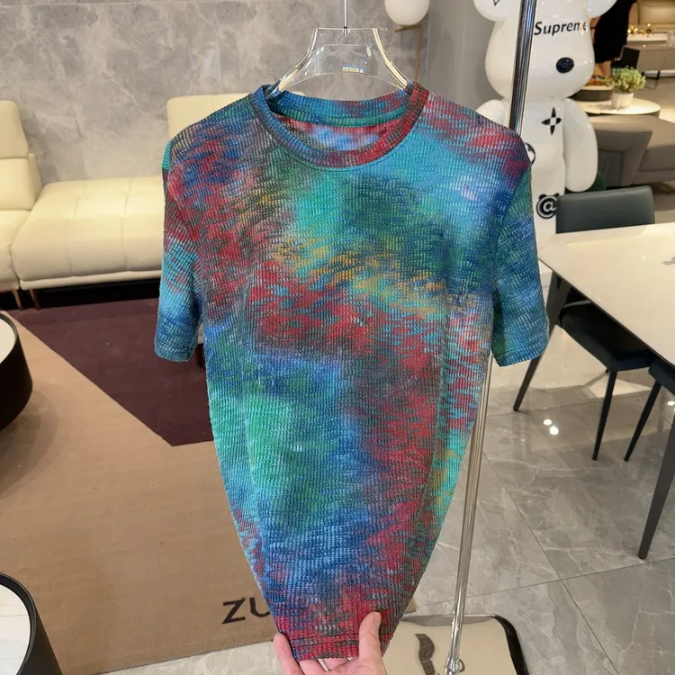 秋冬新款撞色扎染不规则涂鸦2025潮流设计T恤针织肌理感圆领短袖