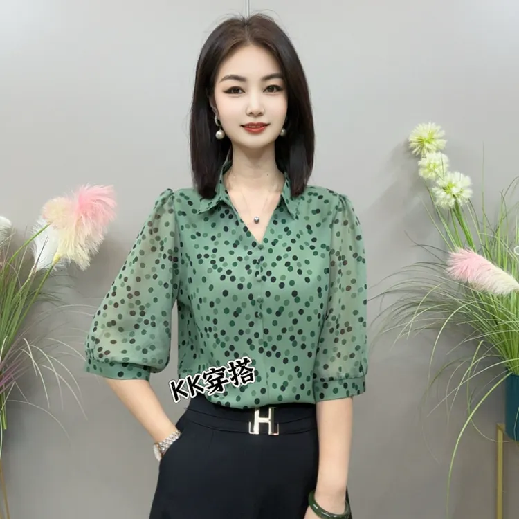 【KK】YLY8960夏季上新翻驳领波点五分袖款气质百搭衬衫