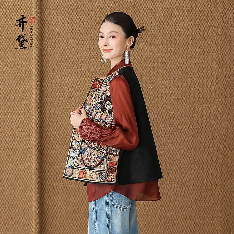 齐黛原创设计提花香云纱新中式国风马甲2025新款无袖满绣真丝外套