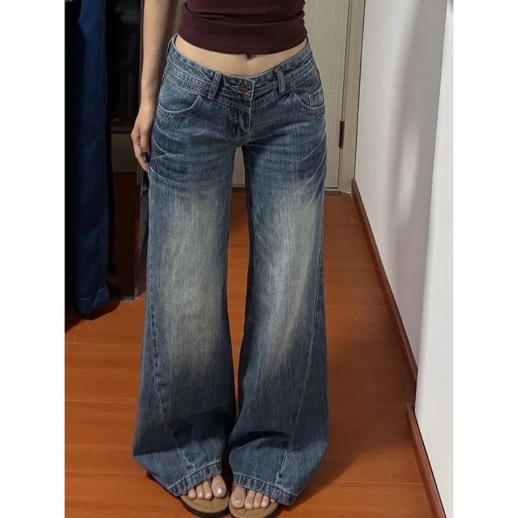 美式辣妹蓝色低腰微喇牛仔裤2025夏季新款复古宽松显瘦百搭直筒裤