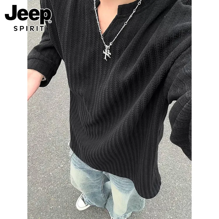Jeep吉普小香风千鸟格v领长袖t恤男款秋季cleanfit条纹打底衫卫衣