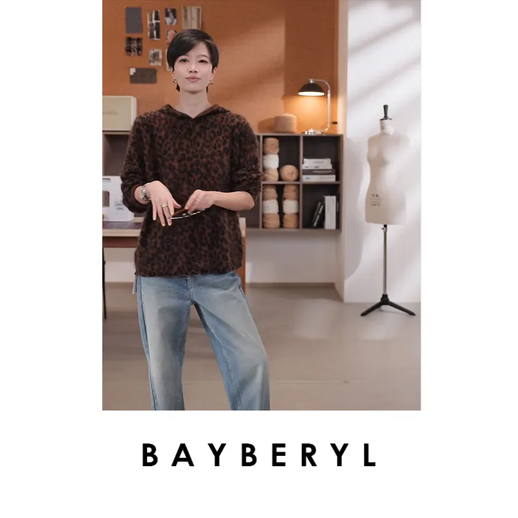 BAYBERYL老贝微醺豹纹*羊绒连帽时尚柔软秋针织衫ZZS5I1601-10/10
