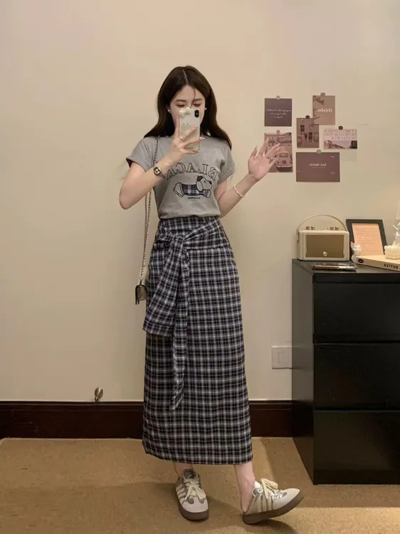 休闲风少女风时尚套装气质开叉半身裙公主风灰色上衣9671