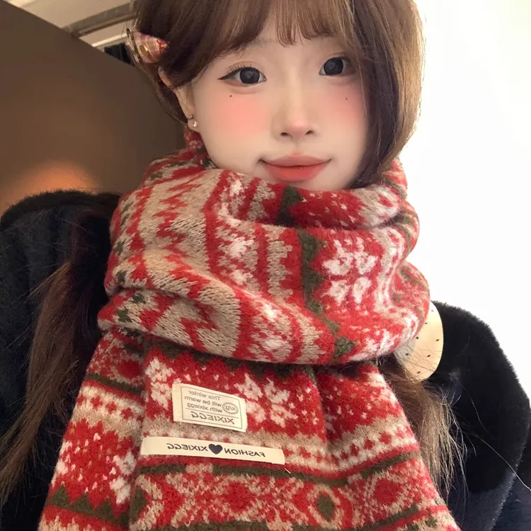 红色费尔岛提花针织毛线围巾女冬季加厚保暖防寒护颈圣诞新年围脖