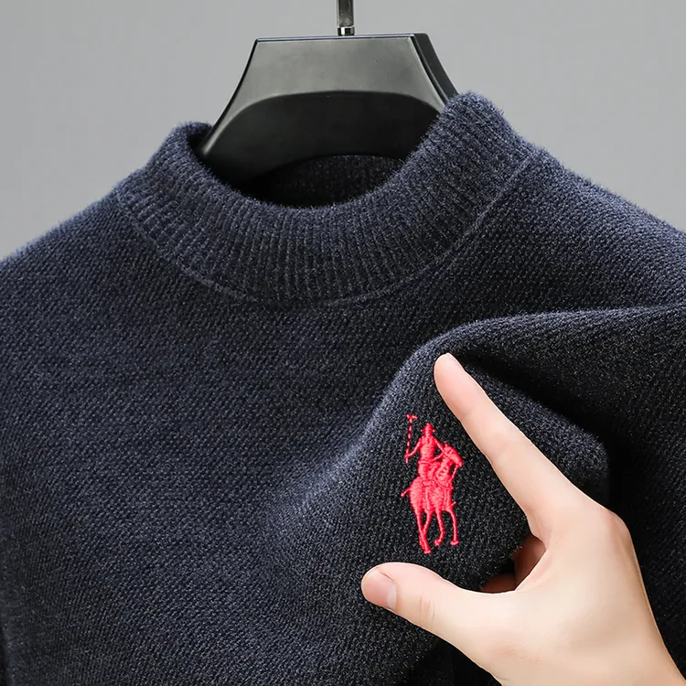 （一体绒）男士半高领重工刺绣毛衣冬季加绒加厚保暖休闲针织打底