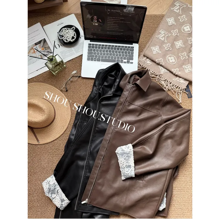 【瘦瘦】糖炒栗子-大码秋季翻领蕾丝拼接显瘦夹克皮衣外套S01975