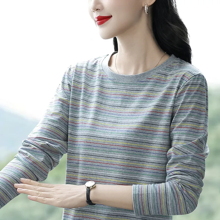 早秋洋气穿搭时髦女装条纹长袖圆领棉质打底女款爆款2025新款T恤