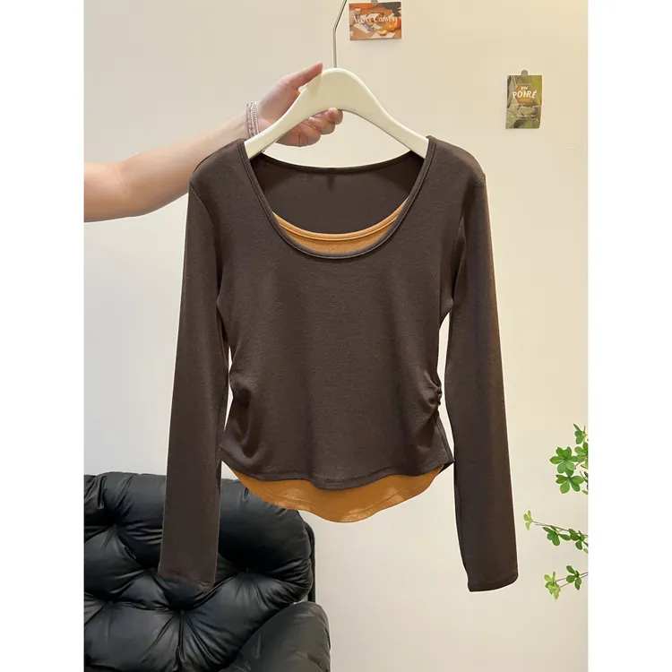 韩系小众假两件拼接撞色长袖t恤女秋季设计感不规则低领内搭上衣