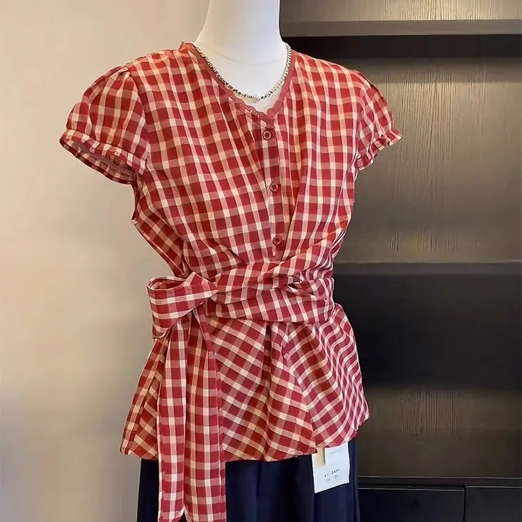 法式甜美红色格子短袖衬衫女夏季设计感蝴蝶结绑带收腰短款上衣潮