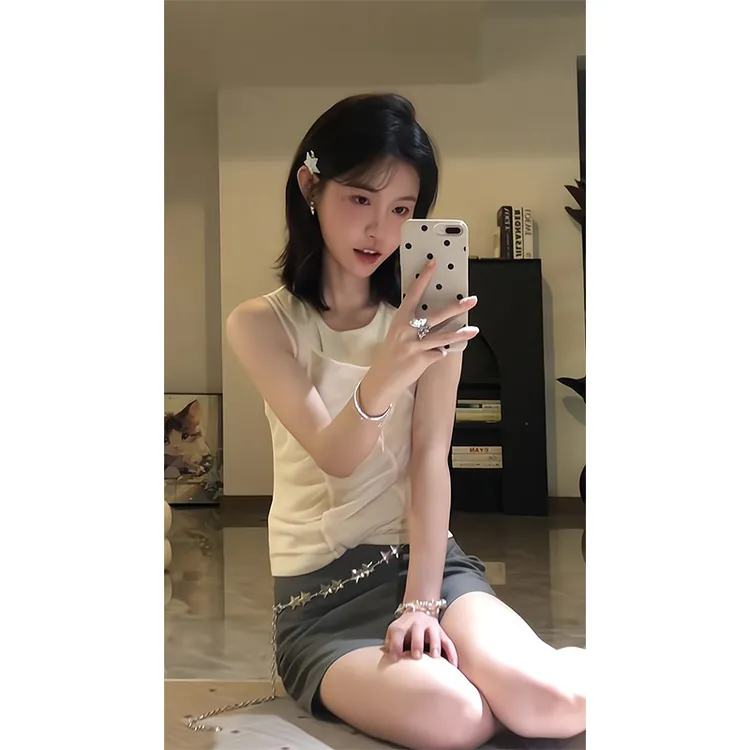 2025新款女士夏季叠穿设计感假两件T恤背心上衣高腰显瘦半身裙子