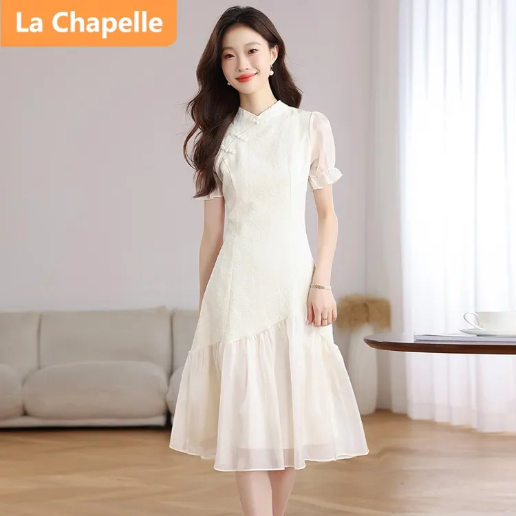 拉夏贝尔新中式改良旗袍连衣裙女夏季新款拼接设计感显瘦A字长裙