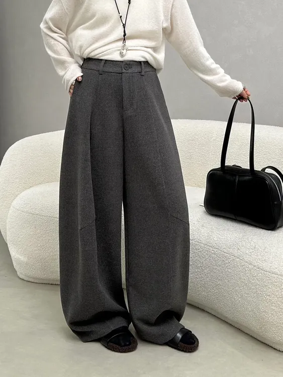 【700g气球裤】加厚羊毛极简长裤纯色宽松直筒垂感中高腰松紧腰裤