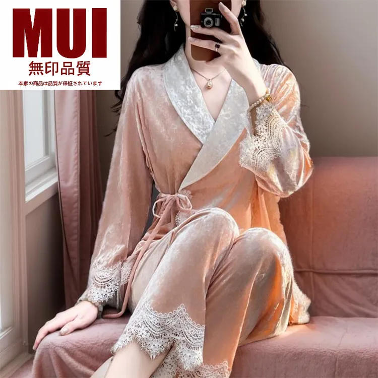 日本无印品质高级感青果领钻石丝绒睡衣女士秋冬季长袖系带外穿气