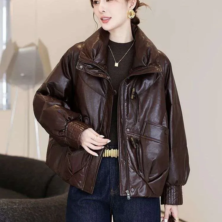 高级感油蜡绵羊皮加厚绒时尚短款牛角扣大码海宁真皮皮衣外套