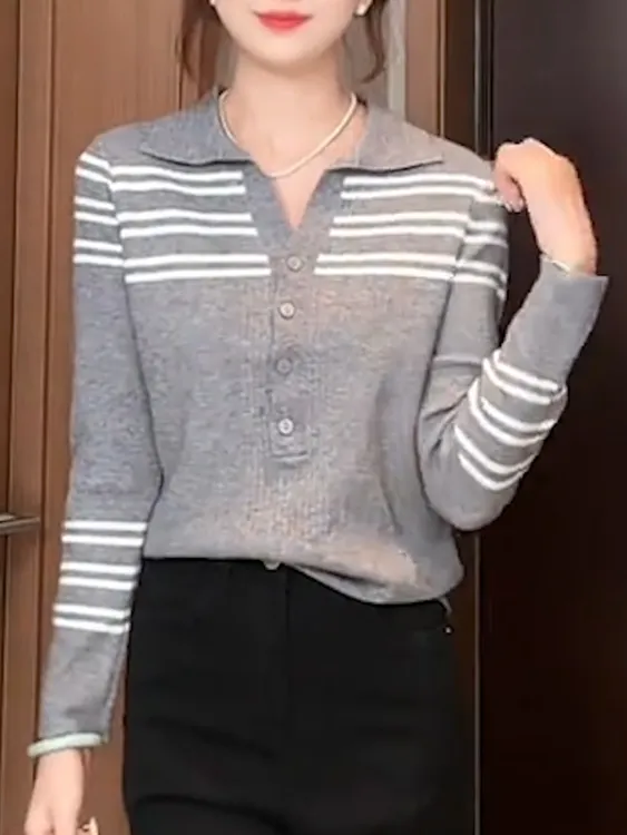 【现货】2025秋季新款女条纹长袖休闲洋气Polo领显瘦百搭针织衫上衣