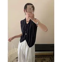 「老钱马甲」竖条纹V领针织开衫女夏装新款女装马甲背心-2939