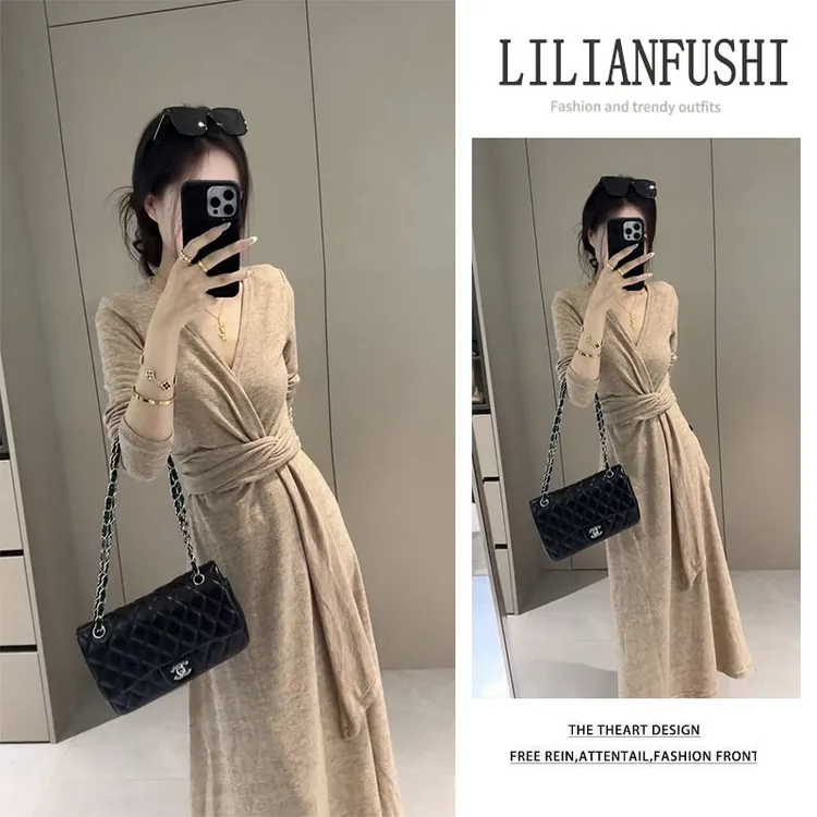 时尚穿搭女2025秋季新款修身系带V领收腰长袖连衣裙百搭显瘦A字裙