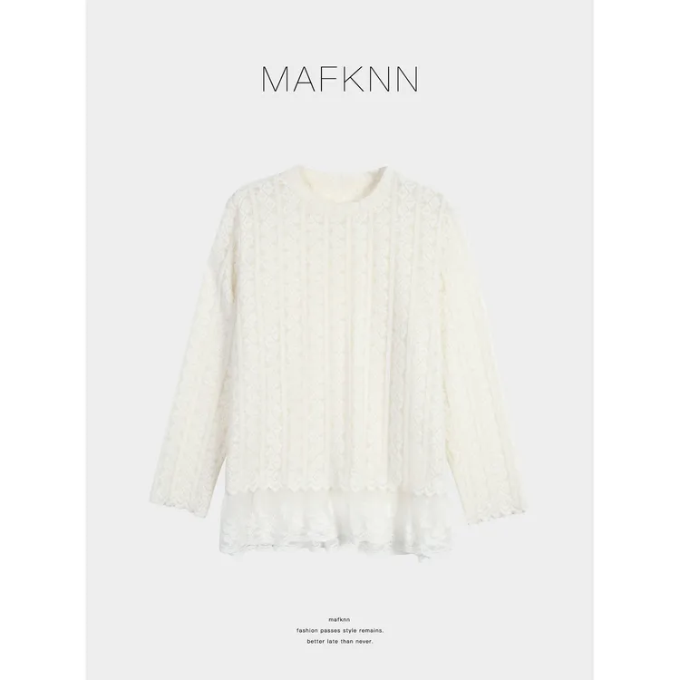 MAFKNN/玛肯时尚休闲简约纯色百搭蕾丝小衫上衣MK13917