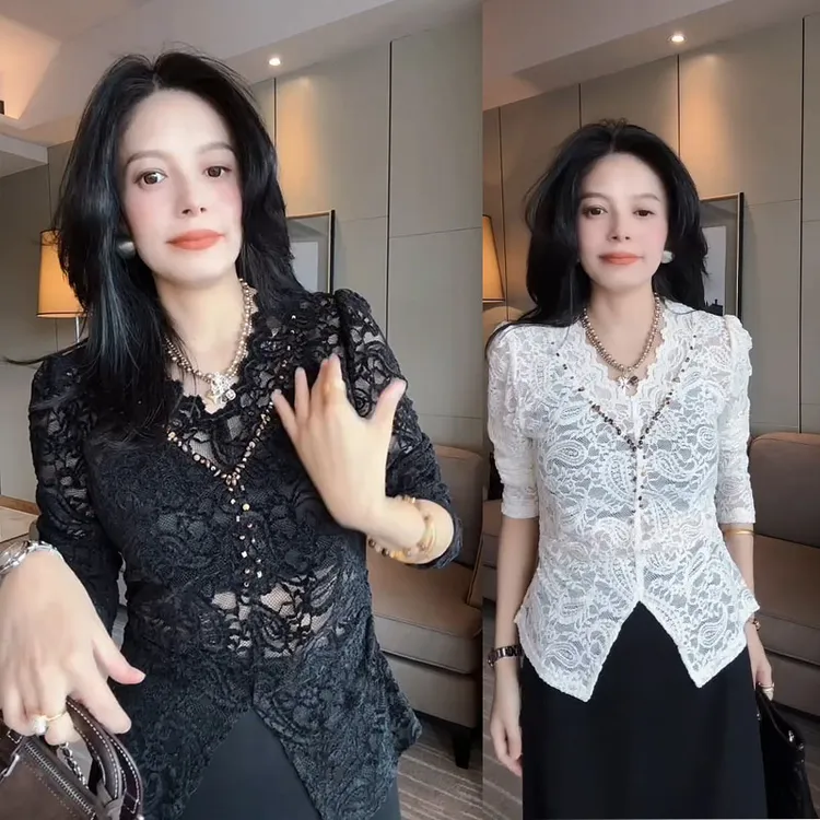欧货设计感V领蕾丝衫2025秋冬新款时尚显瘦气质韩版百搭打底衫