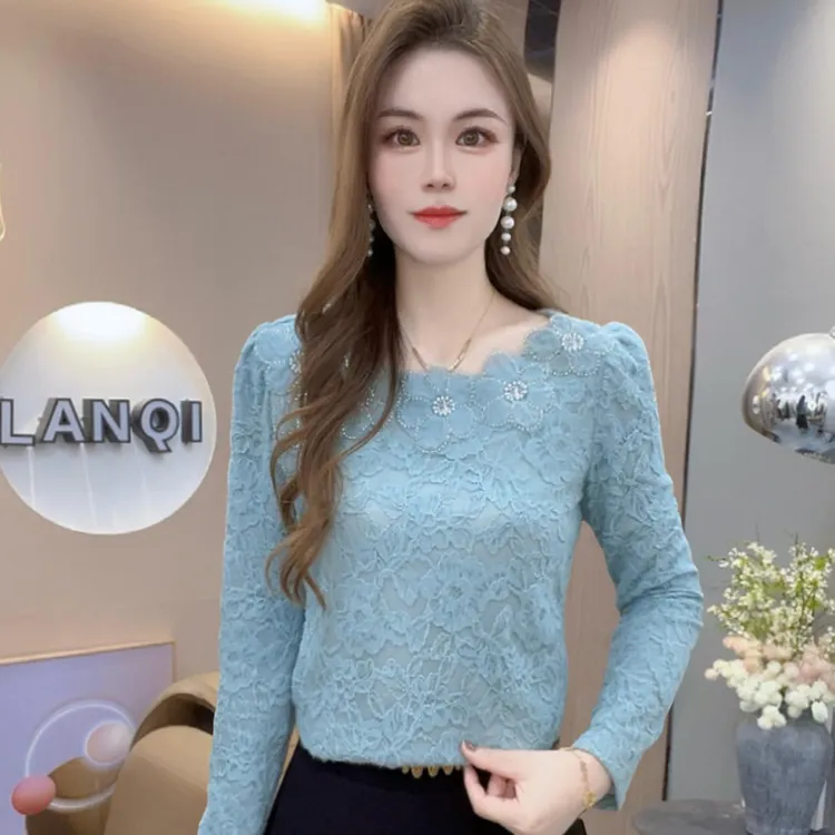 A9153时尚蕾丝打底衫女洋气小衫2025冬季新款加绒加厚衬衫气质