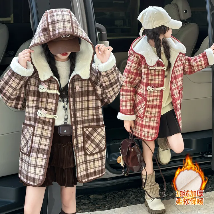 女童加绒格子外套秋冬2025新款儿童洋气加厚保暖连帽呢子大衣外套