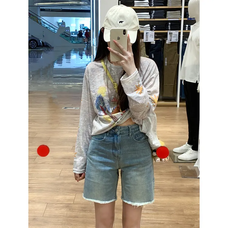 蓝色毛边五分牛仔裤女2025年秋季新款高腰休闲百搭显高显瘦短裤