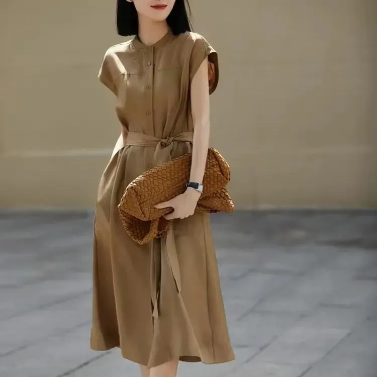 法式重工斜纹绸圆领无袖气质A字通勤连衣裙轻奢时尚夏季显瘦