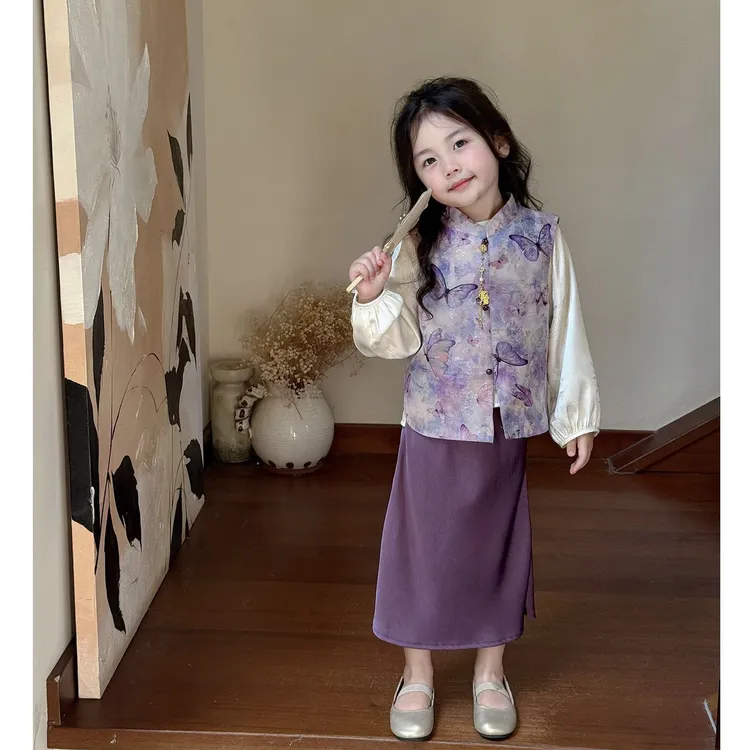 汉服女童国风新中式套装儿童旗袍秋装小女孩紫色蝴蝶马甲裙子