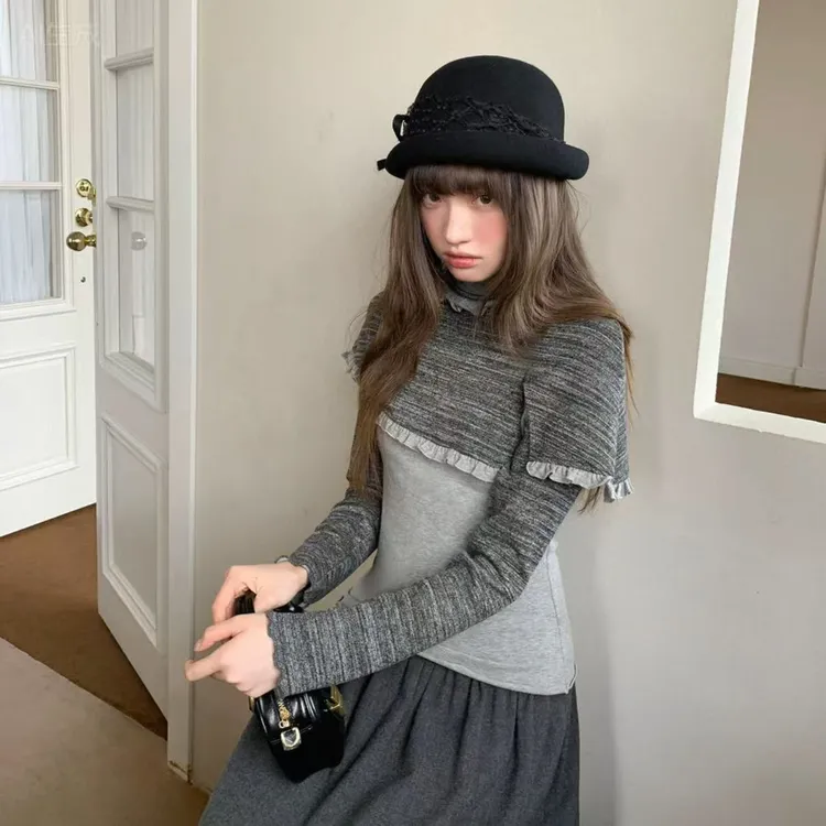 （运补6）冬上新撞色拼接打底衫+披肩两件套打底衫(配斗篷)