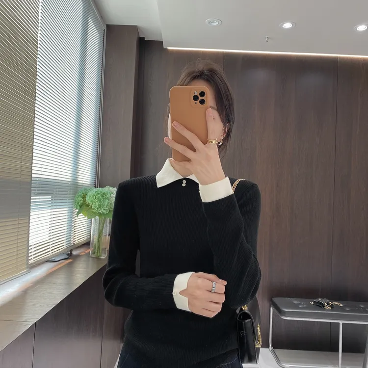 IMFLY金小金自制女装 针织衫DYW9995韩系撞色翻领套头针织上衣