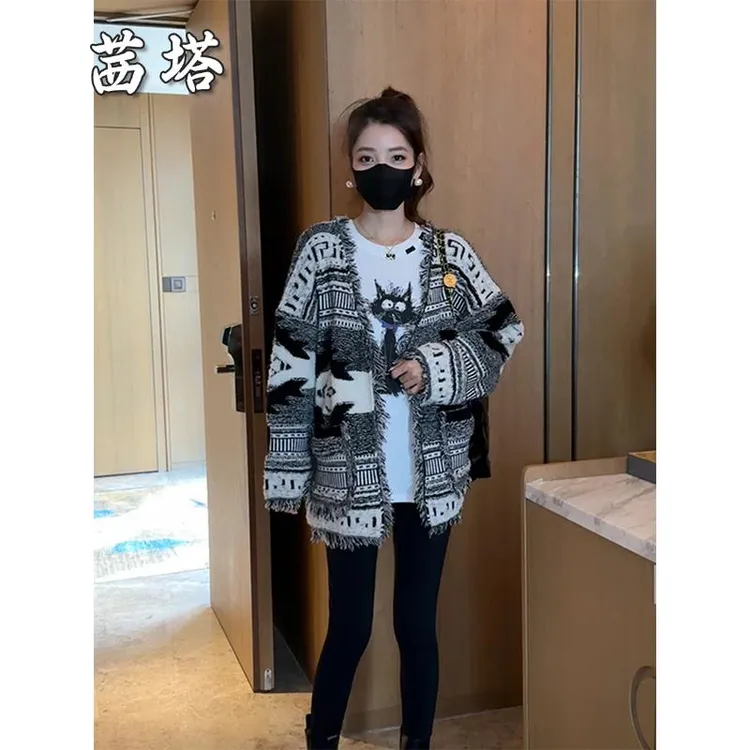 慵懒风流苏毛边宽松毛衣开衫外套女2025秋冬新款休闲显瘦女装上衣