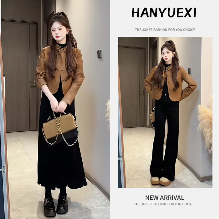 秋季时尚一整套女装2025新款百搭打底衫皮衣外套针织半身裙三件套