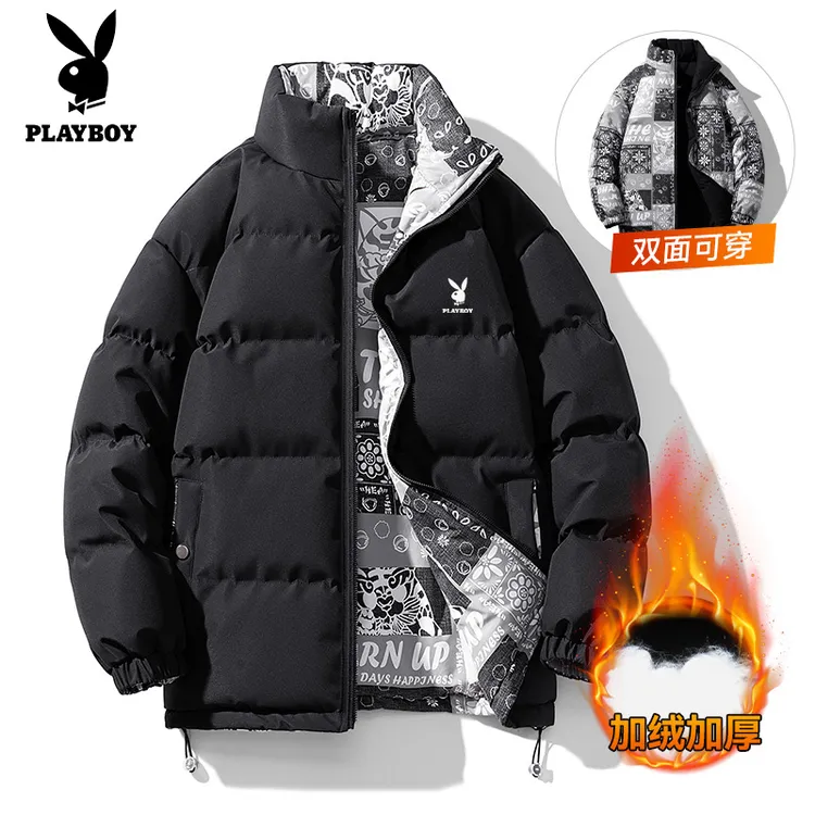 花花公子新款潮流双面穿百搭棉服冬季情侣加厚防寒保暖大码棉衣潮