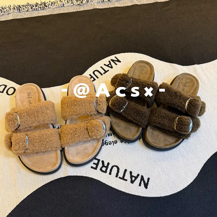 【阿茶】MIU系千金~跟高3CM /秋冬新款一字毛毛拖鞋女