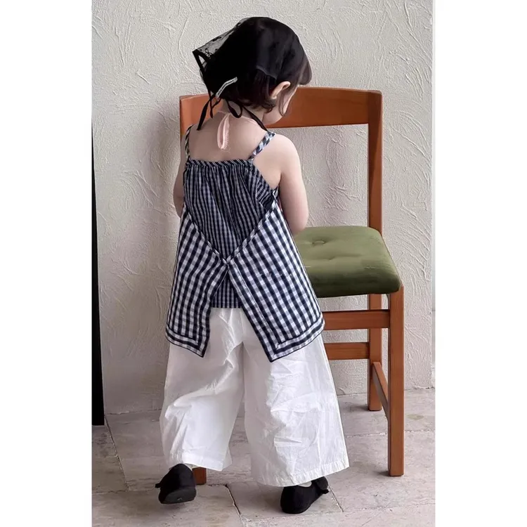 女童森系套装2025夏季新款儿童格子无袖吊带娃娃衫宝宝休闲阔腿裤