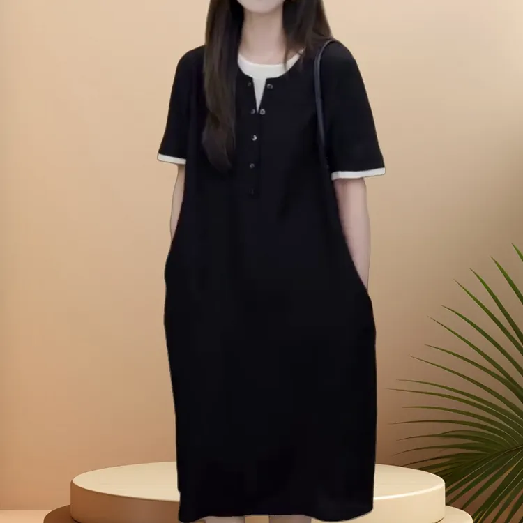 时尚韩版圆领假两件连衣裙女夏季新款宽松显瘦设计感中长款休闲裙