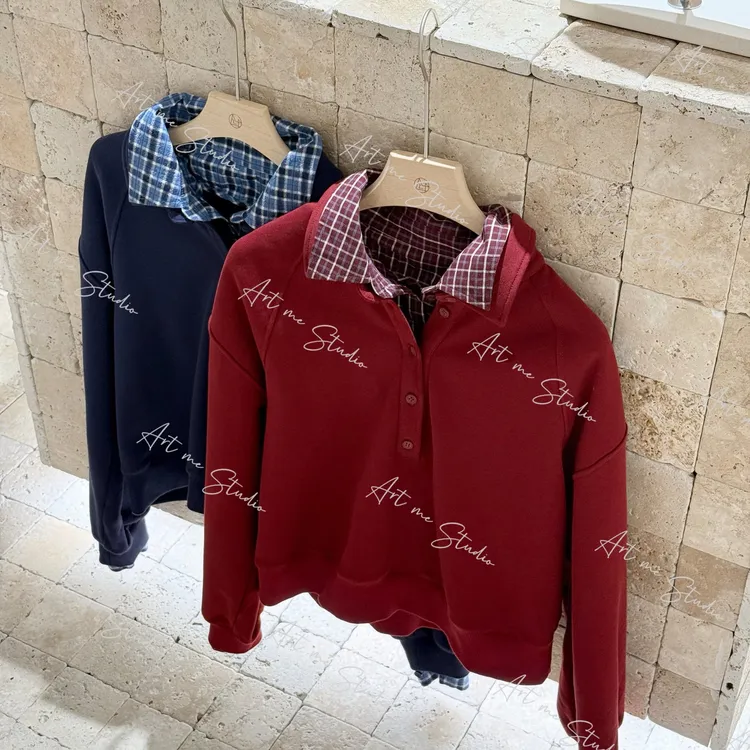 【ART ME】miu系纯棉俏皮复古学院风活力减龄格纹假两件卫衣w2047l1