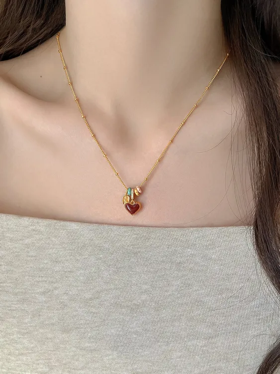 铜合金项链 滴油红色双面爱心项链女2025新款爆款气质高级锁骨链