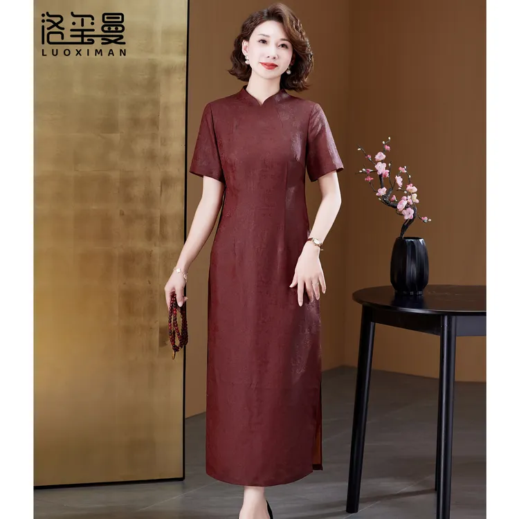 洛玺曼香云纱花萝连衣裙丈母娘喜婆婆气质洋气婚宴夏装连衣裙红色