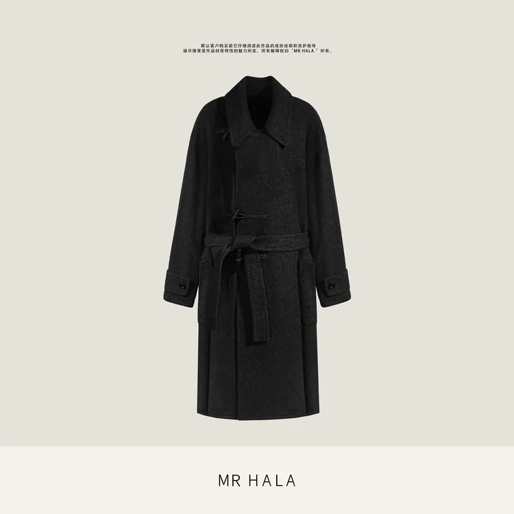 MRHALA 奕神精裁双色羊驼毛交织翻领侧扣口袋大衣式外套 LW411143