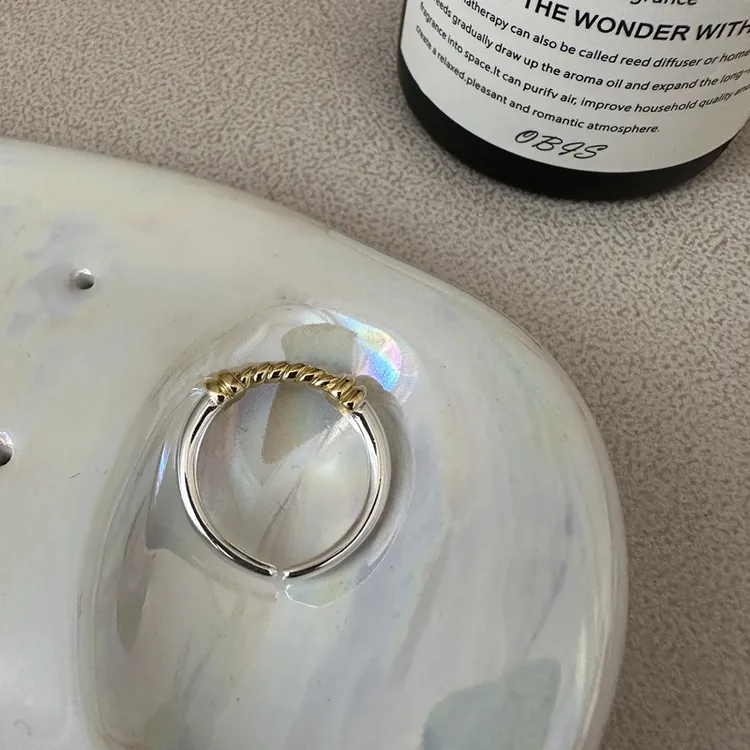 925银戒指 S925银【金银撞色麻花戒指】韩版小众简约时尚复古指环