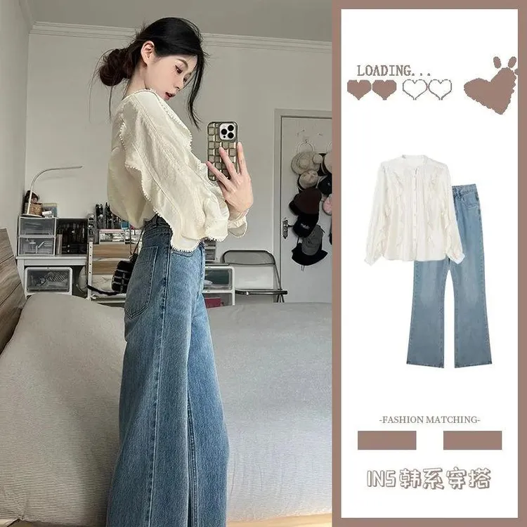 减龄小个子穿搭一整套装女法式知性气质衬衫复古阔腿牛仔裤两件套