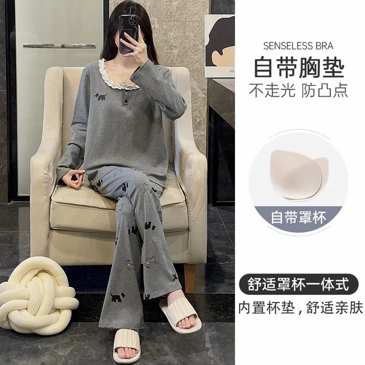 纯棉睡衣女春秋季长袖大码带胸垫2025新款灰色猫咪套装夏天家居服