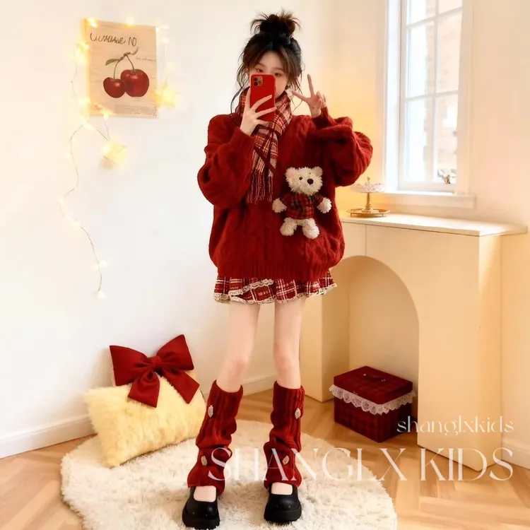 初中生毛衣女童马年本命年红色加厚毛线衣2025新款拜年服大童女孩