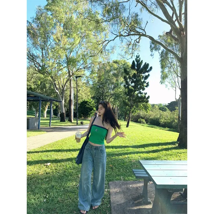 美式辣妹吊带休闲百搭撞色设计背心外穿高腰修身显瘦阔腿裤牛仔裤