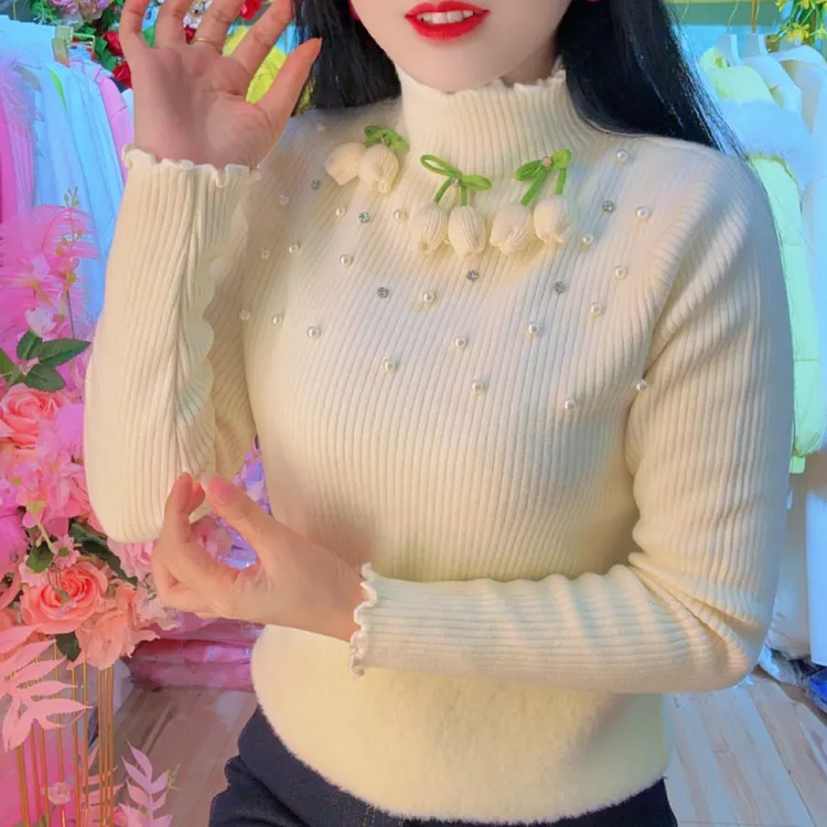 秋冬珍珠水钻木耳边高领修身显瘦百搭毛针织衫打底内搭上衣