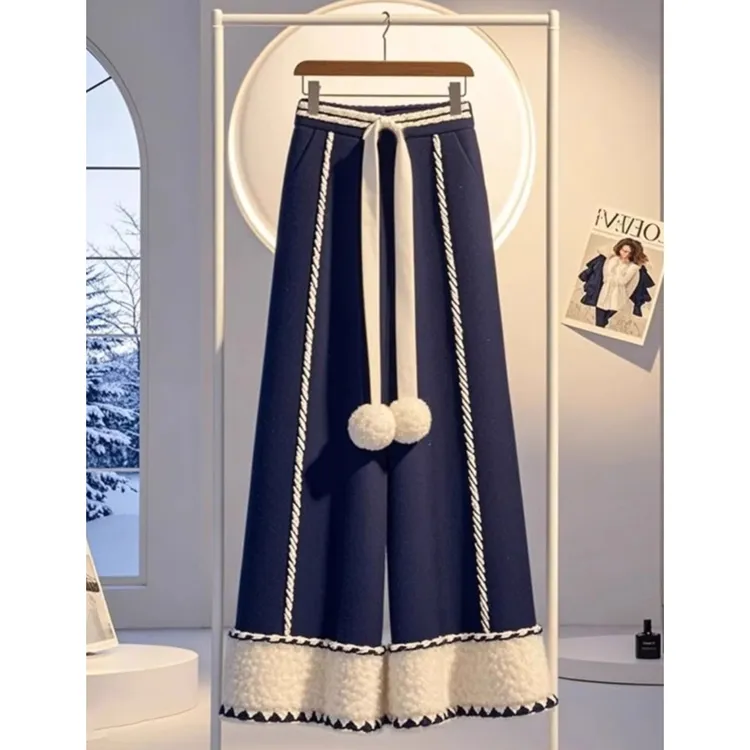 2024冬季今年爆款流行毛绒拼接加厚保暖蓝色减龄百搭好看阔腿长裤