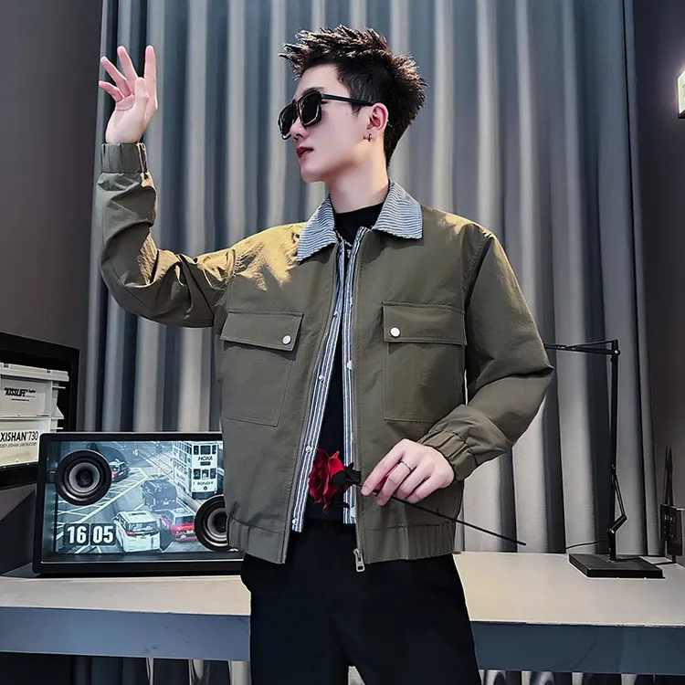 翻领透气秋季格男士斜纹翻领夹克假两件时尚休闲百搭秋冬季宽松