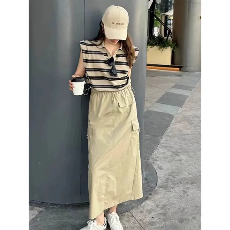 高级感无袖条纹翻领T恤套装女2025春夏新款减龄工装半身裙两件套